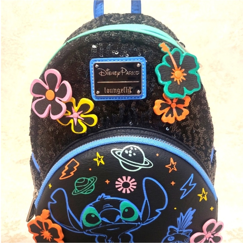 Loungefly Disney Stitch Black Sequin Flower & Space Motif Mini Backpack